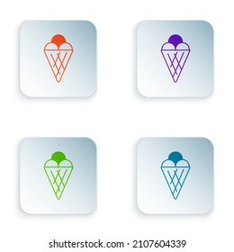 Color Ice cream in waffle cone icon isolated on white background. Sweet symbol. Set colorful icons in square buttons. Vector