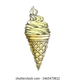 Color Ice Cream In Waffle Cornet Snow Cone Ink Vector. Whipped Milk Cold Gelato Sweet Dessert Ice Cream Concept. Refreshing Natural Dairy Tasty Snack Designed Template Illustration