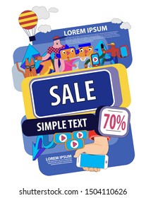 Color icon with cartoon characters for sale in the store. Vector banner