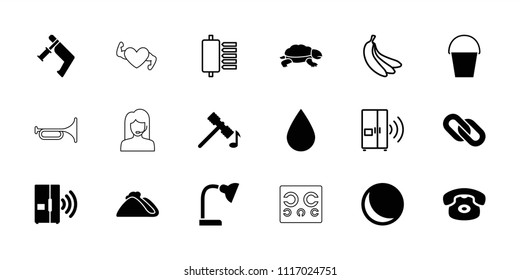 Color icon. collection of 18 color filled and outline icons such as hammer, nail gun, sphere, desk phone, intercom, spu, banana. editable color icons for web and mobile.