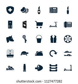 Color icon. collection of 25 color filled icons such as cow, turtle, kick scooter, lipstick, slippers, desk phone, fountain, lemon. editable color icons for web and mobile.