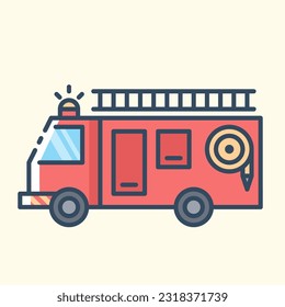 Color icon of fire truck. Side view. Urban public transport, delivery transport and transport of emergency services. Vector stylish illustrations on light yellow background.