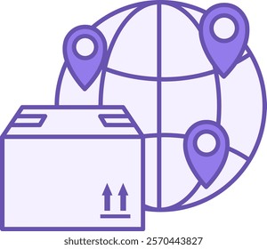 Color Icon Global Logistics. Vector Illustration. Earth, Geolocation, and Cargo Box. Delivery Service