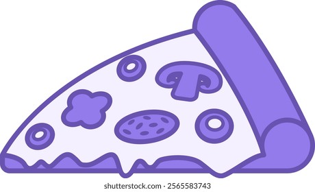 Color Icon Pizza. Vector Illustration. A Slice of Pizza with Cheese, Paprika, Sausage, Mushrooms, and Olives. Tasty Food. Fast Food Concept