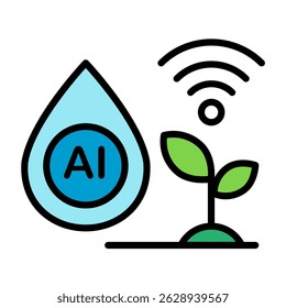 Color icon of seedling and water droplet integrated with AI chip, symbolizing smart agriculture, precision farming, and sustainable technology. Concept of AI in modern agricultural systems.