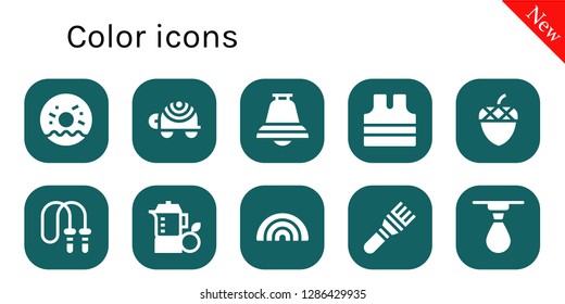  color icon set. 10 filled color icons. Simple modern icons about  - Doughnut, Turtle, Bell, Sleeveless shirt, Acorn, Jumping rope, Juice, Rainbow, Brush, Drop