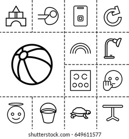 Color icon. set of 13 outline color icons such as turtle, bucket, beach ball, toy tower, table, eye test, door ringer, table lamp, rainbow, emoji angel, bye emot, core