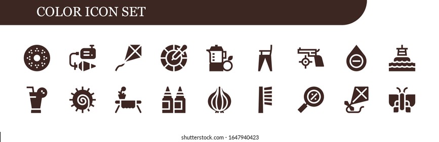 conjunto de iconos de color. 18 iconos de color rellenos.  Iconos modernos sencillos, como: Fiebre, Fiebre, Cometa, Color, Jugo, Silla De Alimentación, Pistola, Sangre, Buoy, Chakra, Mesa, Tinta, Cebolla, Cepillo