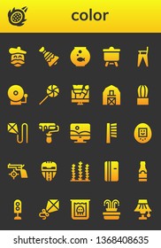 color icon set. 26 filled color icons.  Simple modern icons about  - Artist, Dragon fruit, Bell, Fishbowl, Canvas, Feeding chair, Alarm bell, Lollipop, Design, Barn, Cactus, Kite