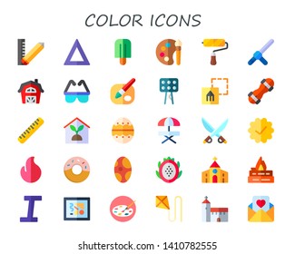 color icon set. 30 flat color icons.  Collection Of - ruler, fire, popsicle, color palette, paint brush, baton, barn, safety, paint, lights, graphic design, snowboard, indoor plants