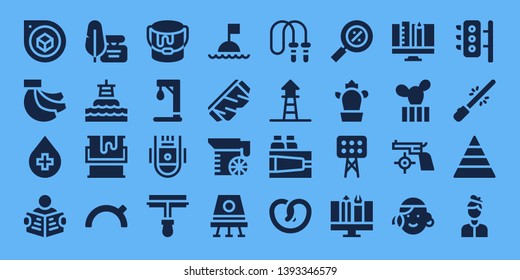 color icon set. 32 filled color icons. on blue background style Collection Of - Perspective, Bananas, Blood, Read, Ink, Buoy, Paint, Evening, Paint bucket, Gallow, Space capsule