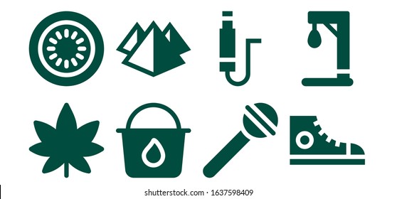 color icon set. 8 filled color icons.  Simple modern icons such as: Marijuana, Kiwi, Paint bucket, Pyramid, Lollipop, Jack, Sneakers, Gallow