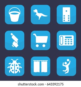 Color icon. set of 9 filled color icons such as bucket, desk phone, nail gun, ladybug, curtain, volleyball player, domino, dinosaur