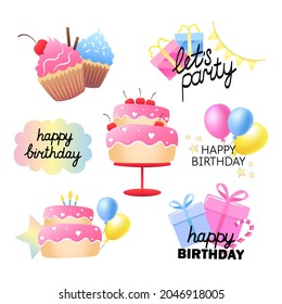 Color icon  set for birthday. Cake, balloon, box, lettering for your design. EPS 10