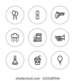 Color icon set. collection of 9 outline color icons with balloon, brush, gun, rain, reading, straw, snowboarding icons. editable icons.