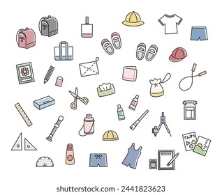 Color icon set of elementary school students' belongings.