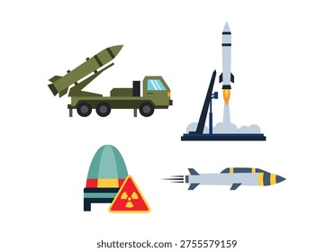 Color icon set featuring missile launchers, rockets, military trucks, and jet aircraft illustrating modern defense systems, transportation units, and advanced aerospace technology