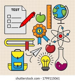 Color icon set school theme flat icons on paper background. Vector, EPS.