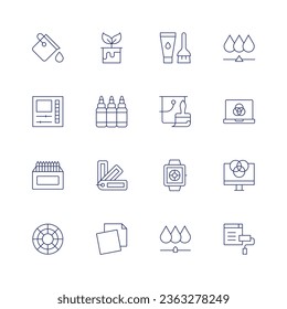 Color icon set. Thin line icon. Editable stroke. Containing bucket, color editor, color pencils, color wheel, colour, design, dye, hair dye, ink, paint bucket, pallete, pantone, paper, rgb, theme.