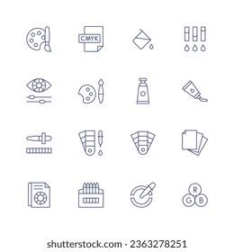 Color icon set. Thin line icon. Editable stroke. Containing art, cmyk, color adjustment, palette, sample, wheel, colored pencils, fill, ink, oil paint, paint, pantone, paper.