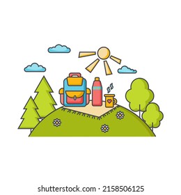 Color icon for summer holidays. Outdoor recreation, picnic. Trekking, Hiking, travel, tourism. Healthy outdoor activities concept. Backpack, thermos and mug with tea or coffee. Vector illustration