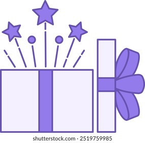 Color Icon Surprise. Vector Icon. Open Gift Box With Stars and Fireworks Flying Out. Christmas and Holiday Concept