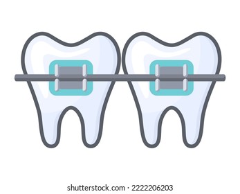 Color icon with teeth in braces, in flat style, isolated on white background. The topic of stomatology, dental treatment, illustrations for the typography of dental clinics