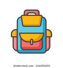 Color icon of tourist multicolored backpack. Backpack for hiking. Emblem, logo of summer camp. Hiking, travel, tourism. Healthy outdoor activities concept. Vector illustration