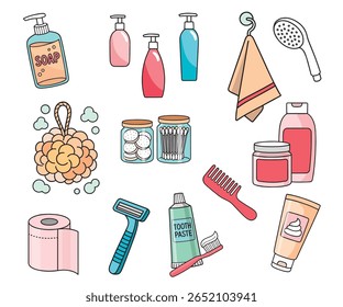 Color icons of bathroom, shower and hygiene items, personal care tools, doodle cartoon style set