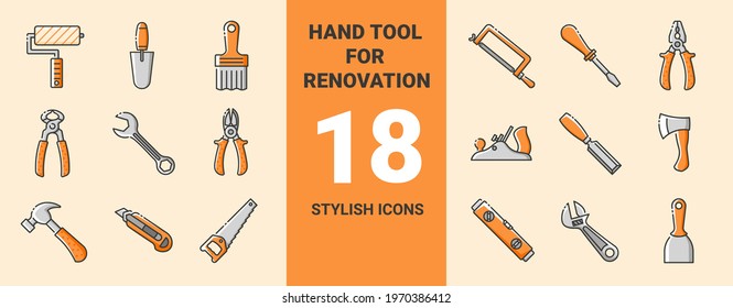 Color icons collection of hand tools. Vector stylish flat illustrations on yellow background. Hand construction tool for renovation work.