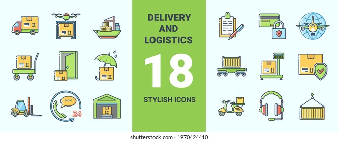 Color icons collection of logistic and delivery service. Vector stylish flat illustrations on light blue background.