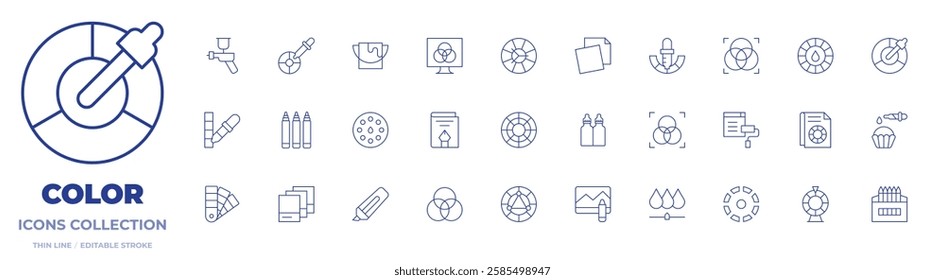Color icons collection. Thin Line icons, editable stroke. color wheel, colorant, pipette, car painting, color picker, design, eyedropper, marker, paint bucket, pantone, rgb print, paper, rgb.