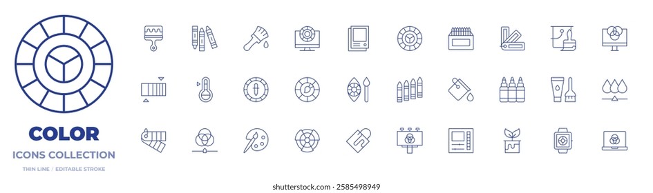 Color icons collection. Thin Line icons, editable stroke. brush, color, color circle, color palette, colour, crayons, pantone, crayon, gradient, paint brush.