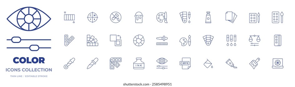 Color icons collection. Thin Line icons, editable stroke. cmyk, color, color palette, fill, no artificial colours, paint can, pantone, art, color sample, ink, oil paint, paper.