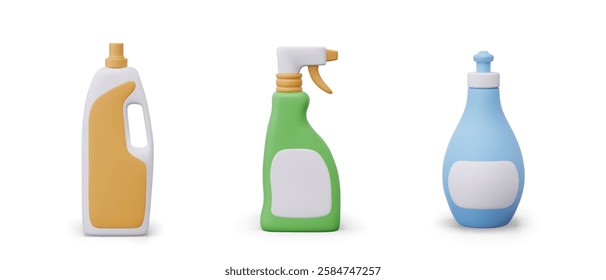 Color icons of detergent bottles. Isolated templates of different types. Blank labels, place for inscription, logo. Vector packaging, cleaning products. Templates for store, cleaning business