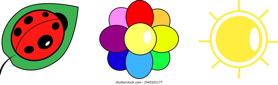 Color icons. Ladybug on a leaf. Rainbow flower.  The sun. Vector graphics. A rainbow friend. Spring.