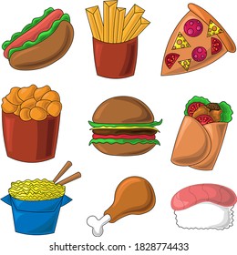Color icons on the theme of fast food