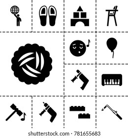 Color Icons. Set Of 13 Editable Filled Color Icons Such As Nest, Baloon, Piano Toy, Toy Tower, Hammer, Nail Gun, Blowtorch, Emoji Listening Music, Man Holding Globe