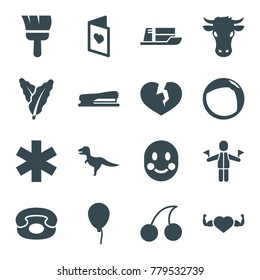 Color icons. set of 16 editable filled color icons such as spinach, cow, baloon, cherry, dinosaur, heart with muscles, medical sign, stapler, love card, desk phone