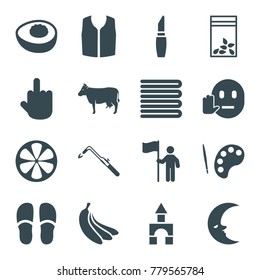 Color icons. set of 16 editable filled color icons such as cow, towels, lipstick, slippers, sleeveless shirt, blowtorch, middle finger, palette, seed bag, lemon, avocado