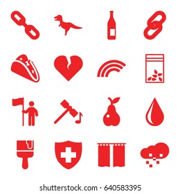 Color icons set. set of 16 color filled icons such as hammer, water drop, paint brush, taco, pear, seed bag, medical sign, curtain, defragmentation, man with flag, rainbow