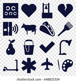 Color icons set. set of 16 color filled icons such as cow, kick scooter, coloring brush, plane, paint bucket, taco, pear, medical sign, tick, eye test, table lamp, intercom