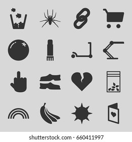 Color icons set. set of 16 color filled icons such as orange, spider, kick scooter, slippers, middle finger, seed bag, table lamp, glue pen, love card, trash bin, banana