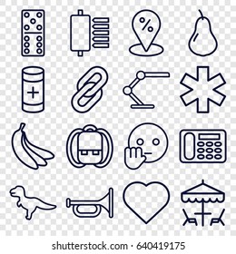 Color icons set. set of 16 color outline icons such as pear, hearts, domino, desk phone, medical sign, battery, table lamp, table under umbrella, banana, bye emot