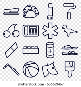 Color icons set. set of 16 color outline icons such as cow, beach ball, cherry, slippers, desk phone, blowtorch, paint brush, taco, medical sign, battery, stapler, glue pen