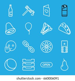 Color icons set. set of 16 color outline icons such as pear, baloon, hammer, taco, burrito, lemon, table box, stapler, love card, open, bell, bye emot, sphere, link, bottle