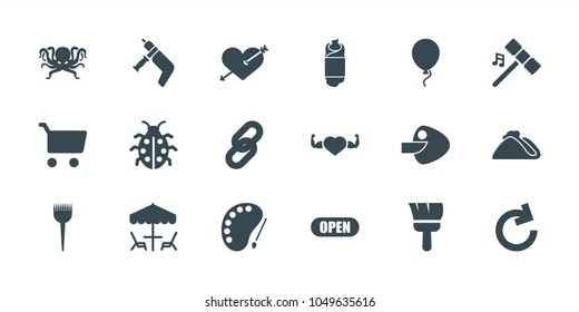 Color icons. set of 18 editable filled color icons: barber brush, heart with arrow, shopping cart, ladybug, heart with muscles, reload, link, open, table under umbrella