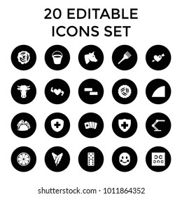 Color icons. set of 20 editable filled color icons such as nest, spinach, bucket, cow, coloring brush, domino, building block. best quality color elements in trendy style.
