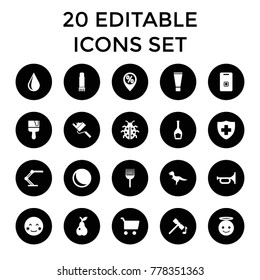 Color icons. set of 20 editable filled color icons such as hammer, water drop, paint brush, trumpet, sphere, dinosaur, blush. best quality color elements in trendy style.