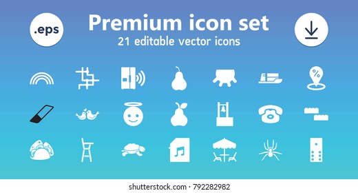 Color icons. set of 21 editable filled color icons includes udder, sale location, emoji angel, domino, building block, desk phone, taco, lovebirds, memory card with music, spu